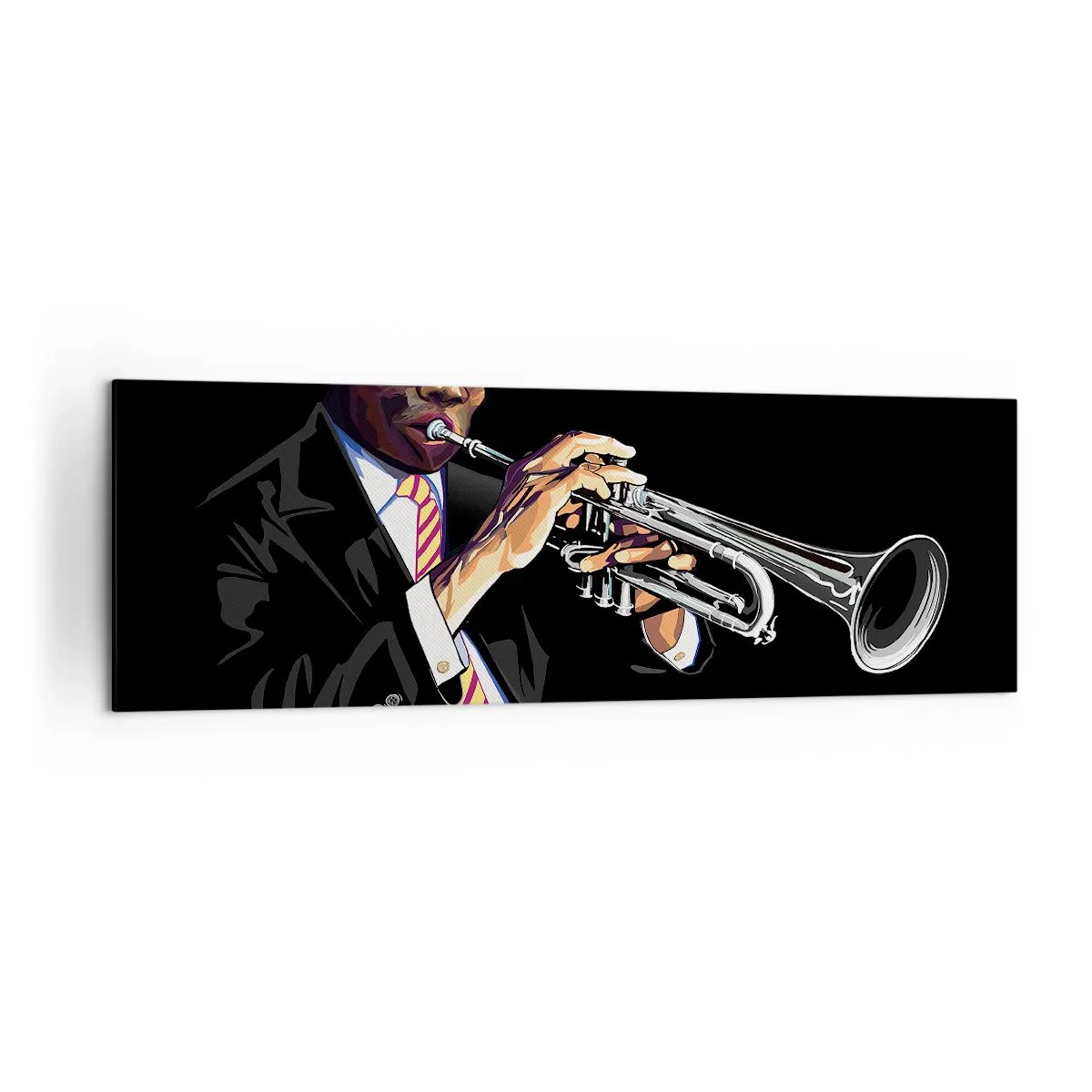 Obraz na płótnie - Muzyk grający na trąbce na czarnym tle - 160x50cm - Czar starej szkoły - Nowoczesna dekoracja ścienna do salonu i sypialni ARTTOR