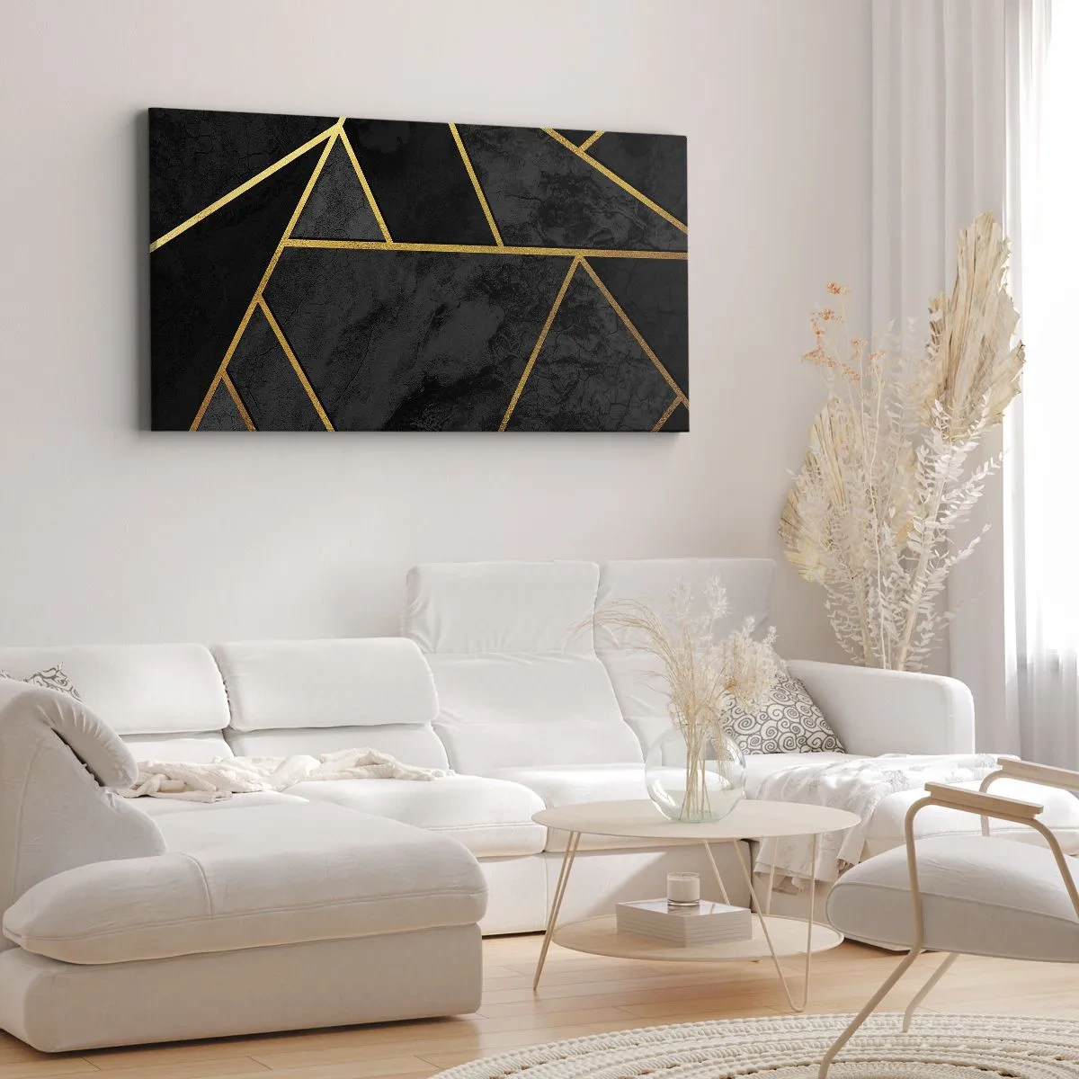 Obraz na płótnie - Geometryczny wzór złota na czarnym tle - 140x50cm - Mrok i blask - Nowoczesna dekoracja ścienna do salonu i sypialni ARTTOR