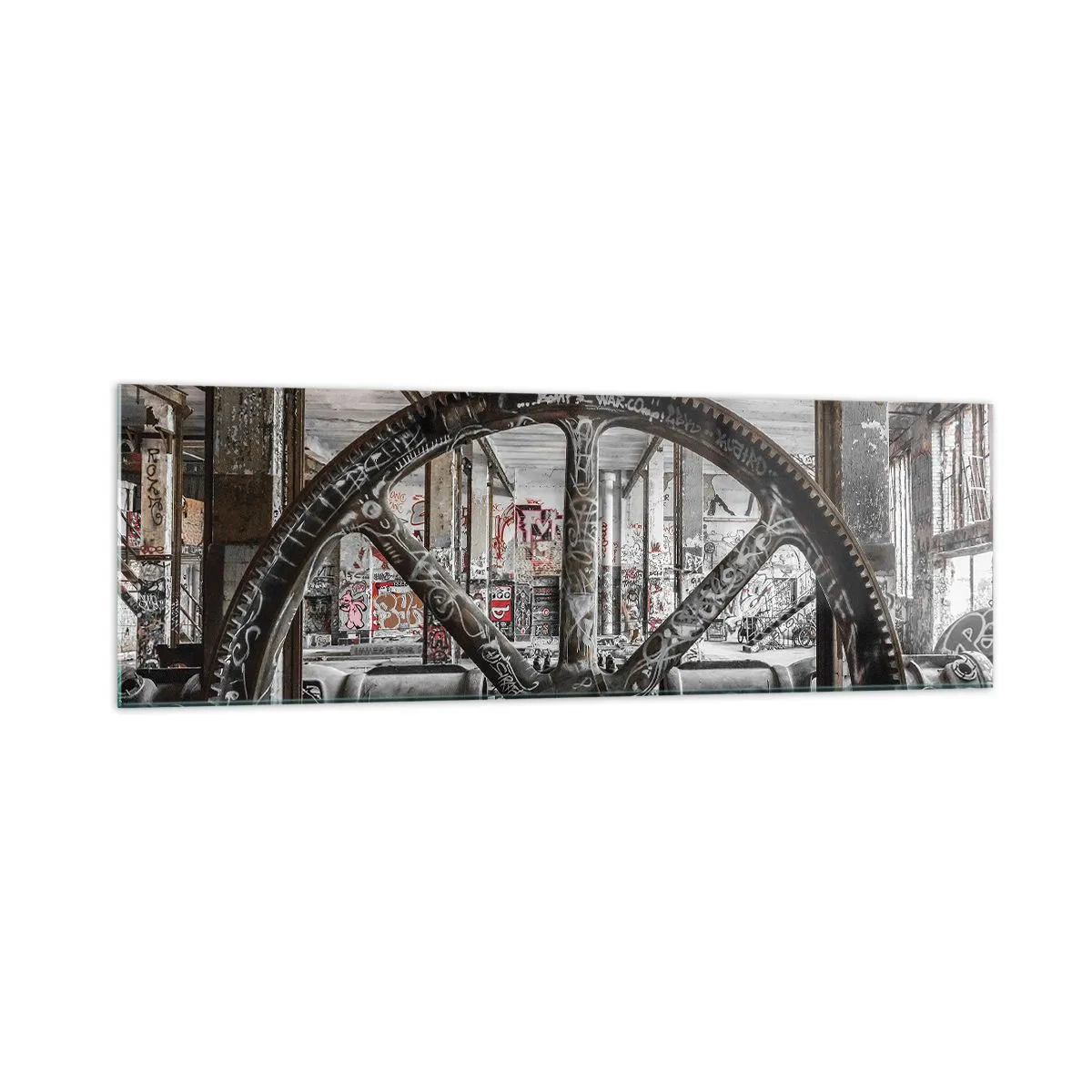 Obraz na szkle - Stary mechanizm w opuszczonym industrialnym wnętrzu - 160x50cm - Sekretne życie fabryki - Nowoczesna dekoracja ścienna do salonu i sypialni ARTTOR