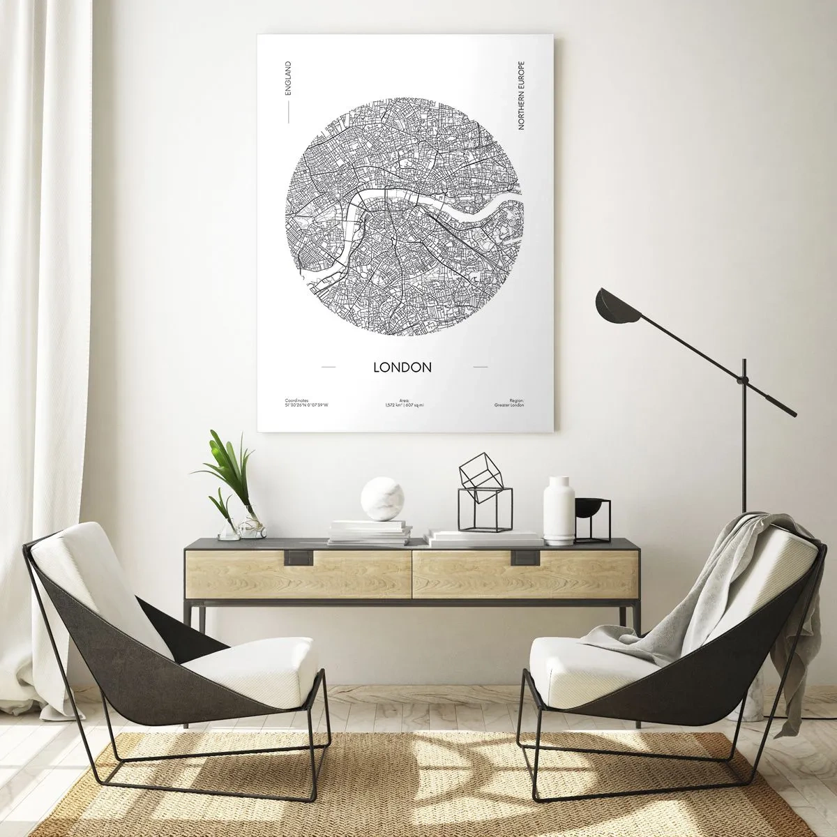 Obraz na szkle - Szczegółowa mapa Londynu w graficznym stylu czarno-białym - 50x70cm - Anatomia Londynu - Nowoczesna dekoracja ścienna do salonu, kuchni i sypialni ARTTOR