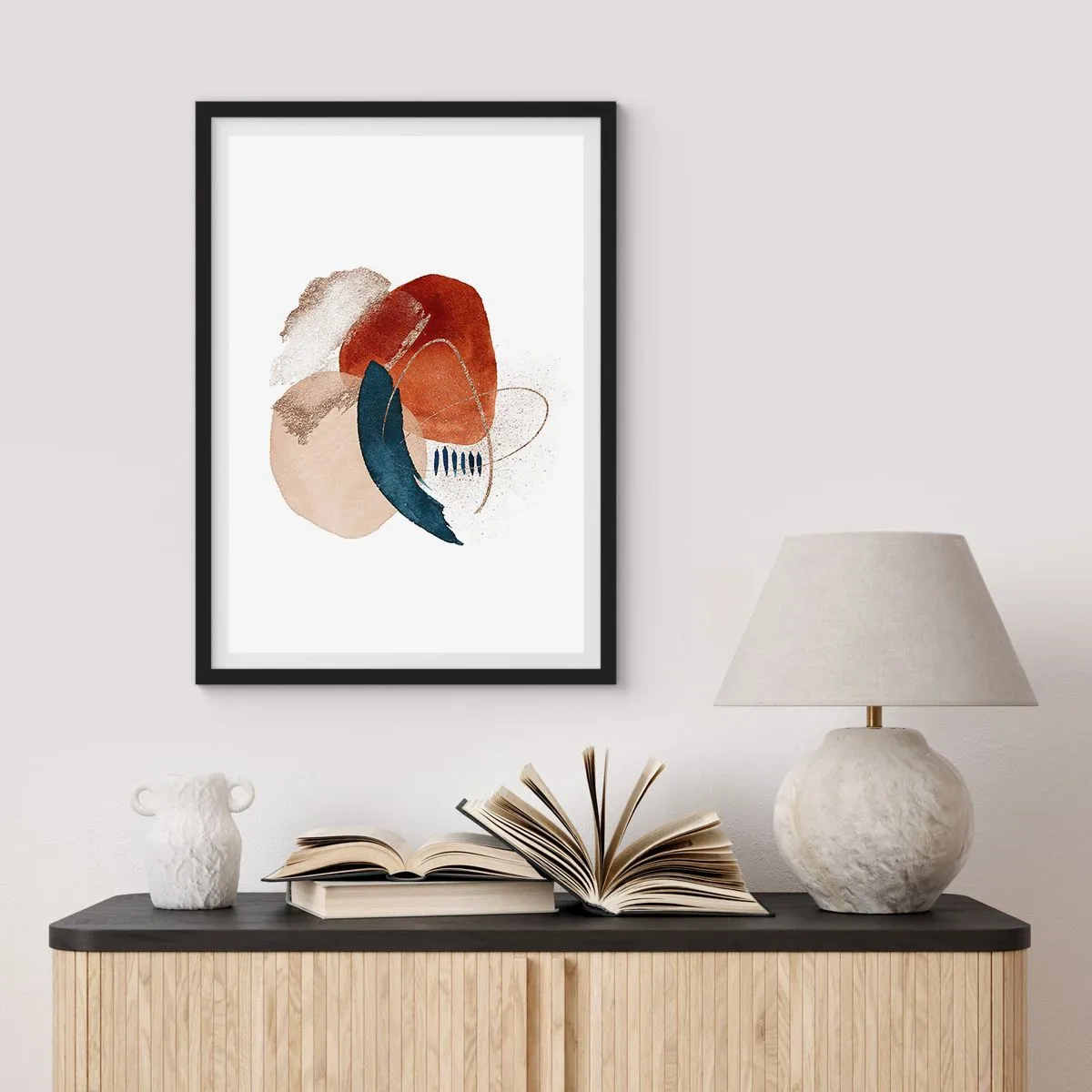 Plakat w czarnej ramie - Abstrakcyjna owalna kompozycja w ciepłych barwach - 50x70cm - Owalna kompozycja - Nowoczesna dekoracja ścienna do salonu i sypialni ARTTOR