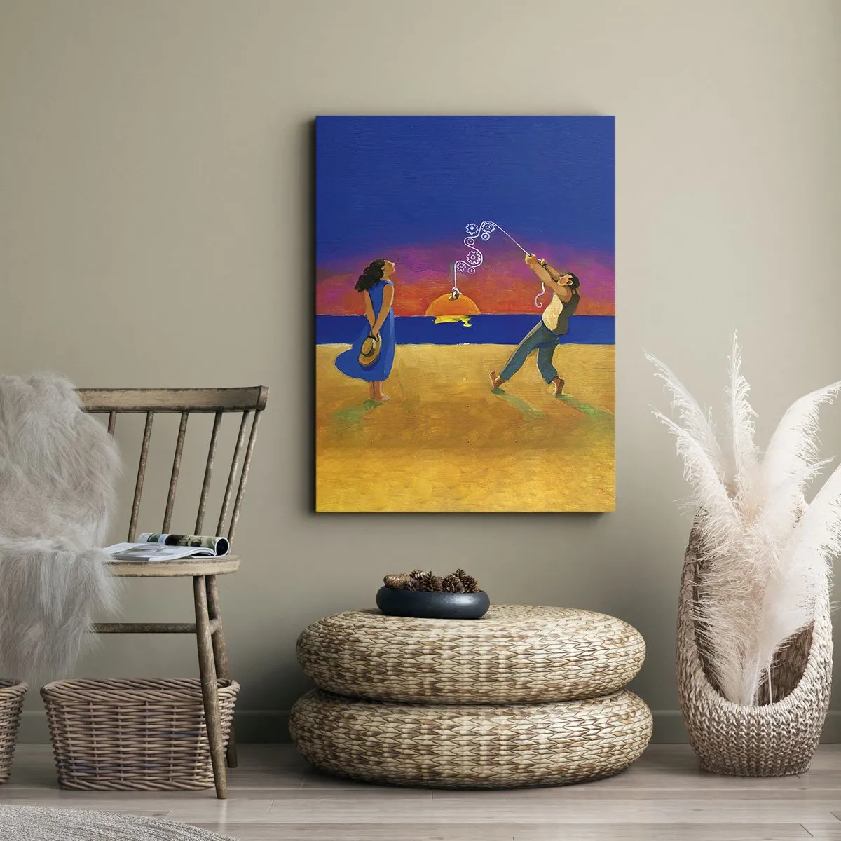 Obraz na płótnie - Artystyczna scena z parą na plaży podczas zachodu słońca - 50x70cm - Więcej niż gwiazdka z nieba - Nowoczesna dekoracja ścienna do salonu, kuchni i sypialni ARTTOR
