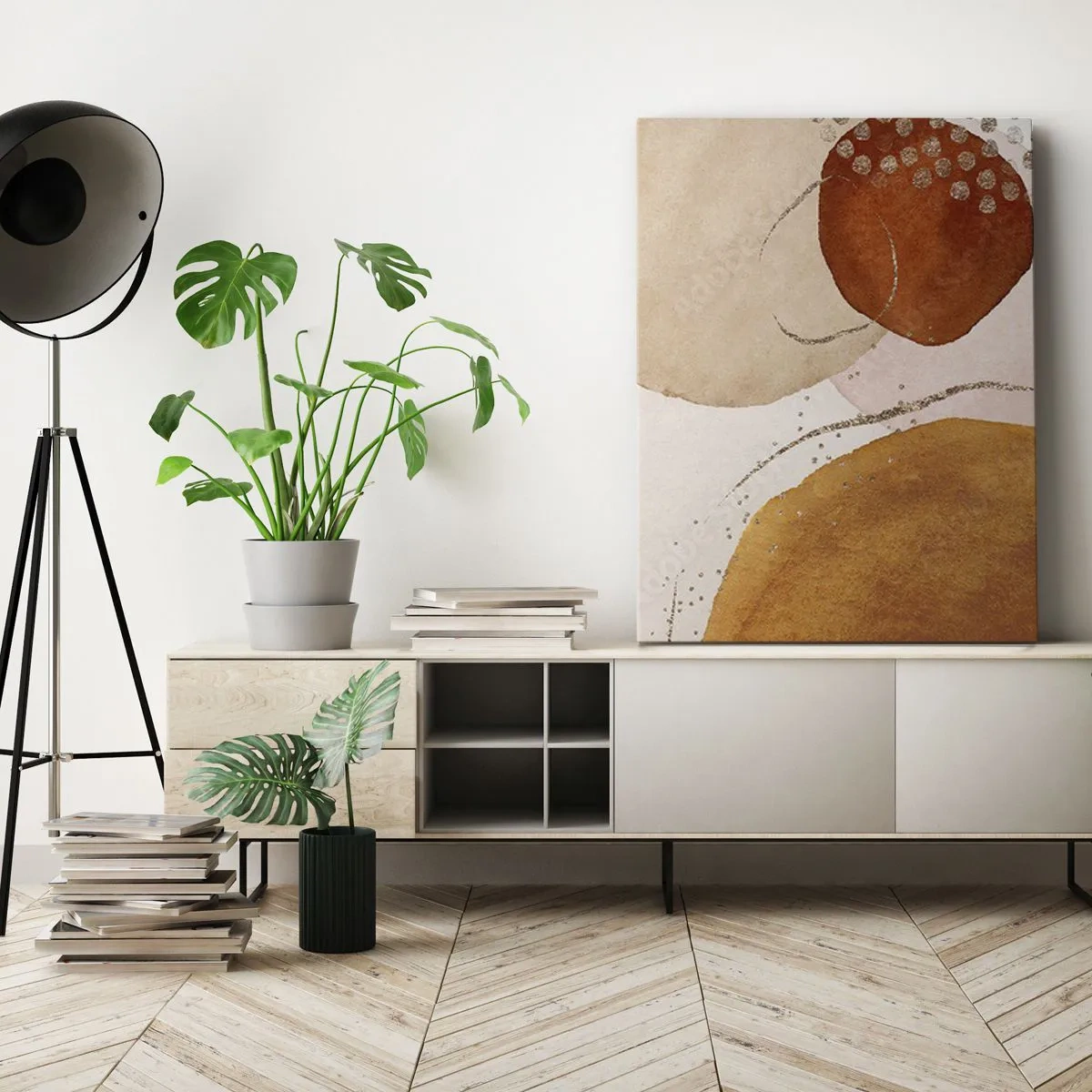 Obraz na płótnie - Abstrakcyjna kompozycja w odcieniach beżu, pomarańczu i złota - 50x70cm - Krągłość i ruch - Nowoczesna dekoracja ścienna do salonu, kuchni i sypialni ARTTOR