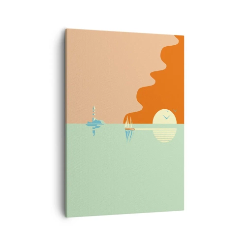 Obraz na płótnie - Minimalistyczny pejzaż morski z żaglówką, latarnią morską i zachodem słońca - 50x70cm - Morski pejzaż idealny - Nowoczesna dekoracja ścienna do salonu, kuchni i sypialni ARTTOR