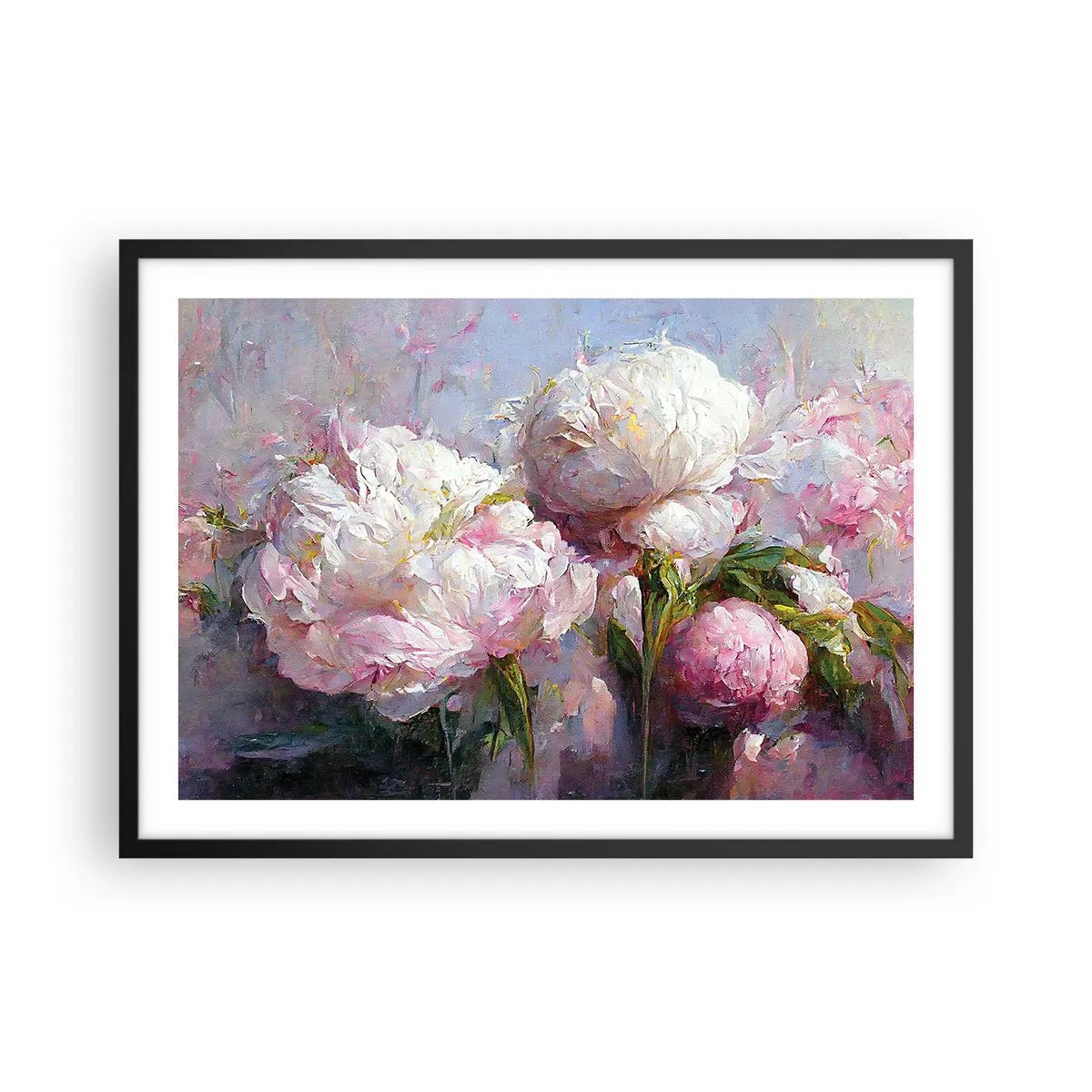Plakat w czarnej ramie - Romantyczne kwiaty piwonii w pastelowych barwach - 70x50cm - Kipiący życiem bukiet - Nowoczesna dekoracja ścienna do salonu i sypialni ARTTOR