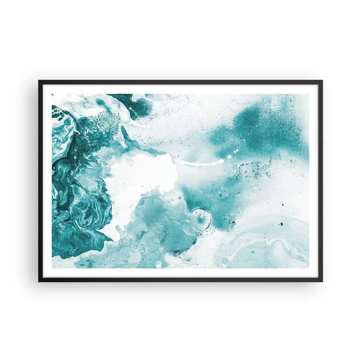 Plakat w czarnej ramie - Abstrakcja w odcieniach błękitu z delikatnymi akcentami bieli - 100x70cm - Rozlewiska błękitu - Nowoczesna dekoracja ścienna do salonu i sypialni ARTTOR