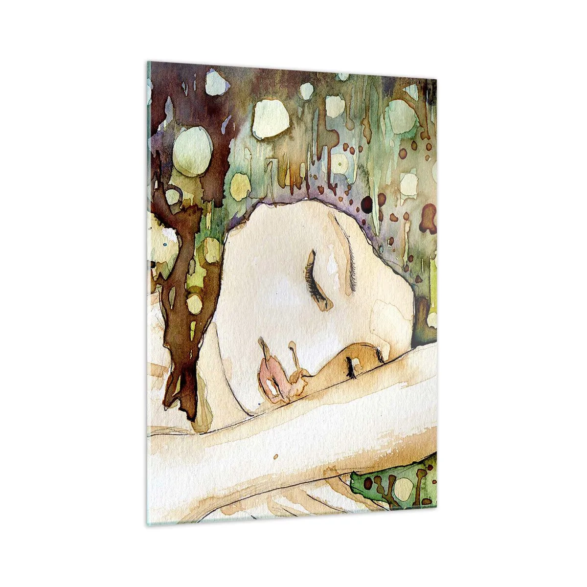 Obraz na szkle - Śpiąca kobieta w artystycznej akwareli w ciepłych barwach - 50x70cm - Szmaragdowo-fiołkowy sen - Nowoczesna dekoracja ścienna do salonu, kuchni i sypialni ARTTOR