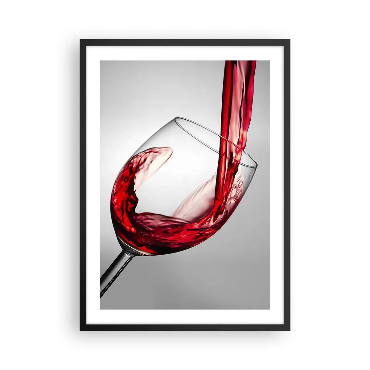 Plakat w czarnej ramie - Czerwone wino nalewane do kieliszka - 50x70cm - Barwa - ruch - dźwięk - Nowoczesna dekoracja ścienna do salonu i sypialni ARTTOR
