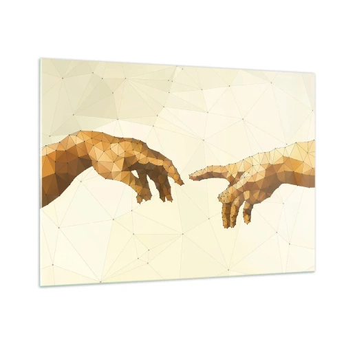Obraz na szkle - Stylizowana wersja obrazu 'Stworzenie Adama' w technice poligonowej - 100x70cm - Boska geometria - Nowoczesna dekoracja ścienna do salonu, kuchni i sypialni ARTTOR