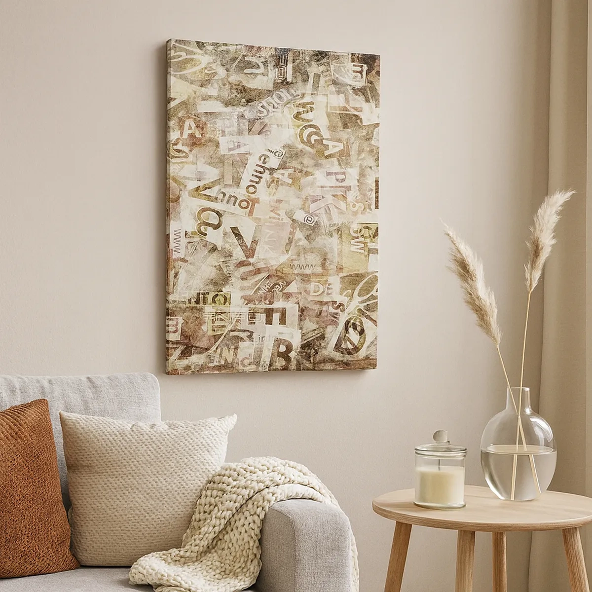 Obraz na płótnie - Abstrakcyjna kompozycja z literami i fragmentami tekstu - 50x70cm - Zjednoliterzam paplomanię - Nowoczesna dekoracja ścienna do salonu, kuchni i sypialni ARTTOR