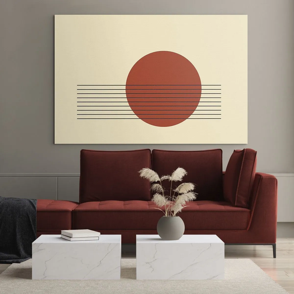 Obraz na szkle - Minimalistyczna grafika z czerwonym kołem i liniami - 70x50cm - W koło i dalej - Nowoczesna dekoracja ścienna do salonu i sypialni ARTTOR