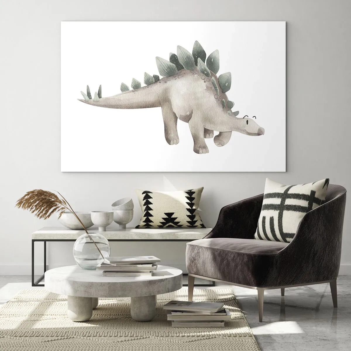 Obraz na szkle - Uroczy dinozaur w pastelowych barwach na białym tle - 70x50cm - Wasz przyjaciel - Nowoczesna dekoracja ścienna do salonu i sypialni ARTTOR