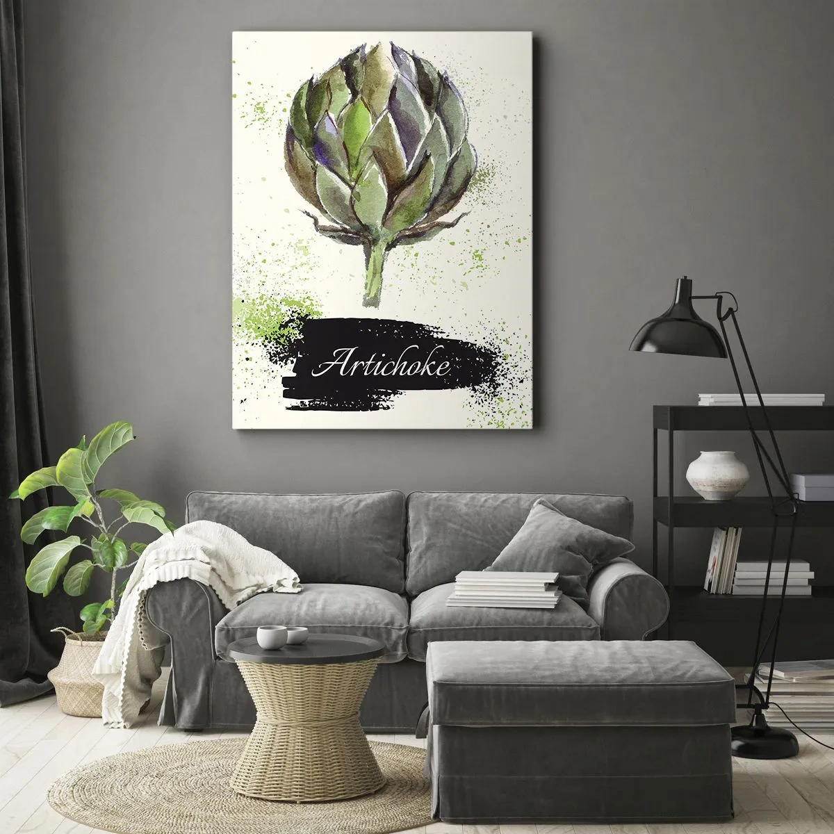 Obraz na płótnie - Akwarelowa ilustracja karczocha z napisem Artichoke - 50x70cm - Eviva warzywa! - Nowoczesna dekoracja ścienna do salonu, kuchni i sypialni ARTTOR