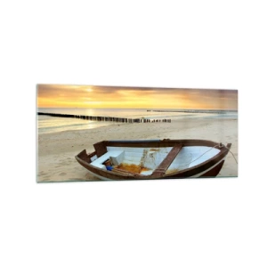 Obraz na szkle - Łódka na piaszczystej plaży o zachodzie słońca - 120x50cm - Nie ma piękniejszych plaż - Nowoczesna dekoracja ścienna do salonu i sypialni ARTTOR