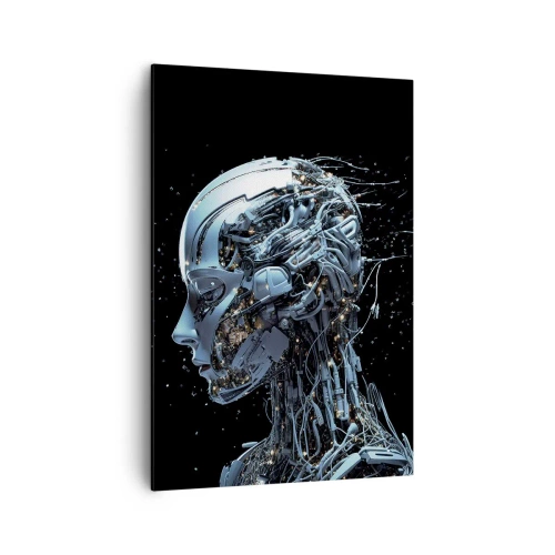 Obraz na płótnie - Futurystyczny portret cyborga w industrialnym stylu na czarnym tle - 70x100cm - Technologia jest kobietą - Nowoczesna dekoracja ścienna do salonu i sypialni ARTTOR