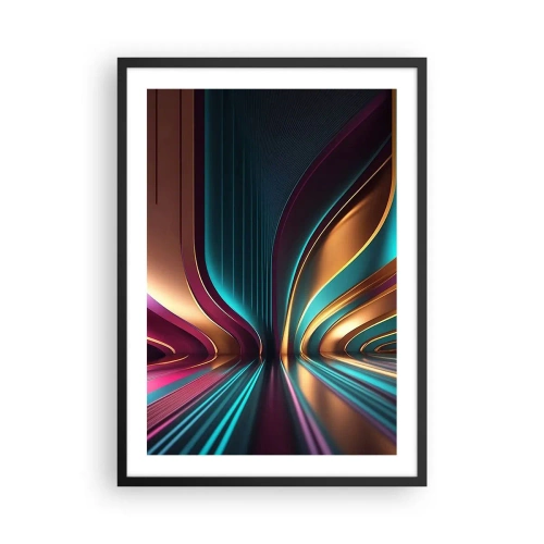 Plakat w czarnej ramie - Futurystyczna abstrakcja w złoto-turkusowych barwach - 50x70cm - Architektura światła - Nowoczesna dekoracja ścienna do salonu i sypialni ARTTOR