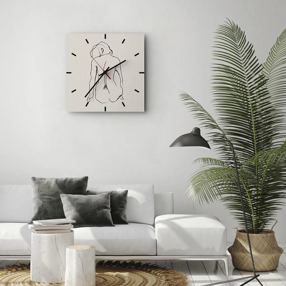 Zegar ścienny - Subtelny szkic dziewczęcej sylwetki z widokiem z tyłu - 30x30cm - Akt dziewczęcy - Nowoczesna dekoracja ścienna do salonu i sypialni ARTTOR