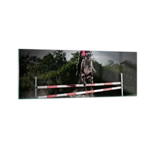 Obraz na szkle - Jeździec na koniu przeskakujący przez przeszkodę na torze wyścigowym - 140x50cm - Razem po zwycięstwo - Nowoczesna dekoracja ścienna do salonu i sypialni ARTTOR