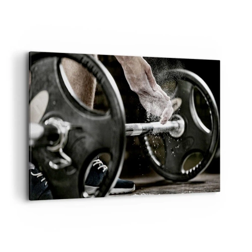 Obraz na płótnie - Hantle i ręce sportowca przygotowujące się do treningu - 120x80cm - Wyzwanie podjęte! - Nowoczesna dekoracja ścienna do salonu, kuchni i sypialni ARTTOR