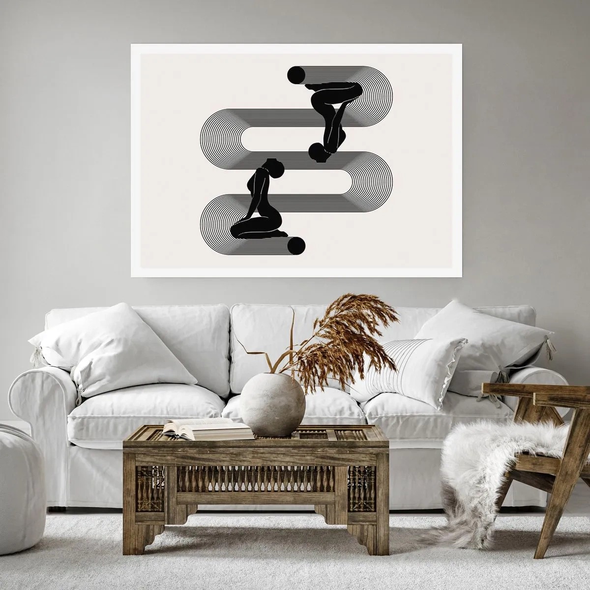 Plakat - Czarne sylwetki z geometrycznymi liniami na jasnym tle - 100x70cm - Zmysłowa symetria - Nowoczesna dekoracja ścienna do salonu i sypialni ARTTOR