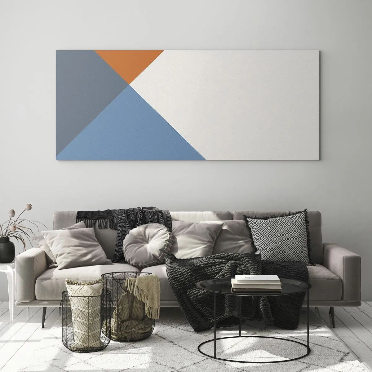 Obraz na szkle - Geometryczne trójkąty w odcieniach błękitu i pomarańczy - 120x50cm - Pod kątem… - Nowoczesna dekoracja ścienna do salonu i sypialni ARTTOR