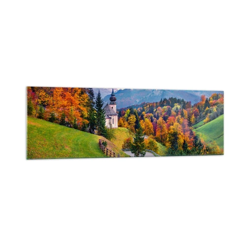 Obraz na szkle - Jesienna górska sceneria z kapliczką i zachodem słońca - 160x50cm - Pejzaż jak malowanie - Nowoczesna dekoracja ścienna do salonu i sypialni ARTTOR