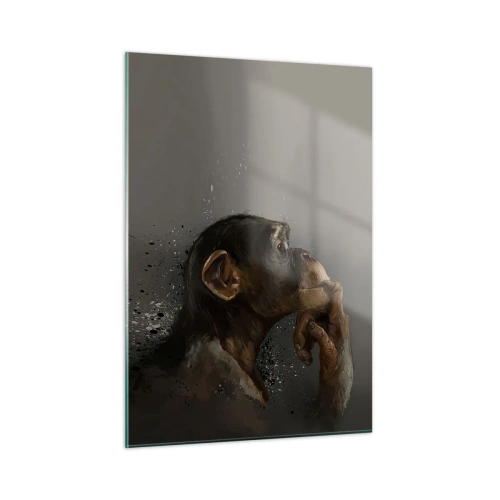 Obraz na szkle - Małpa w zamyśleniu na ciemnym tle z efektem rozprysku - 50x70cm - Z pewnością myśliciel - Nowoczesna dekoracja ścienna do salonu, kuchni i sypialni ARTTOR