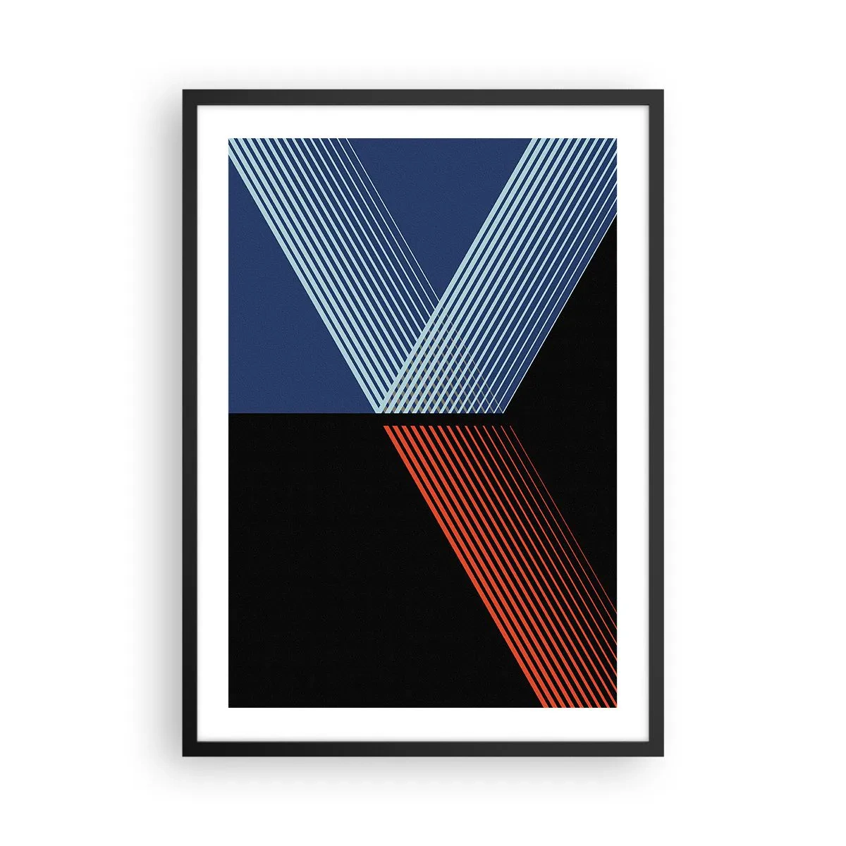 Plakat w czarnej ramie - Abstrakcyjna kompozycja linii w kolorze niebieskim, czarnym i czerwonym - 50x70cm - Prosta historia - Nowoczesna dekoracja ścienna do salonu i sypialni ARTTOR