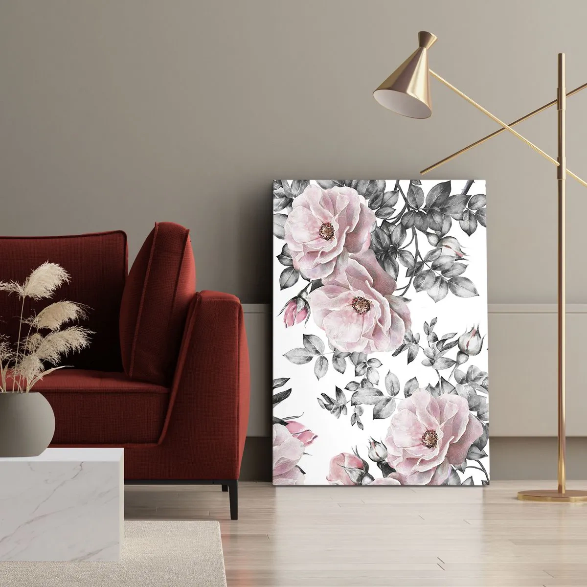 Obraz na płótnie - Różowe kwiaty na tle czarno-białych liści - 50x70cm - Zagubić się w kwiatach róż - Nowoczesna dekoracja ścienna do salonu, kuchni i sypialni ARTTOR