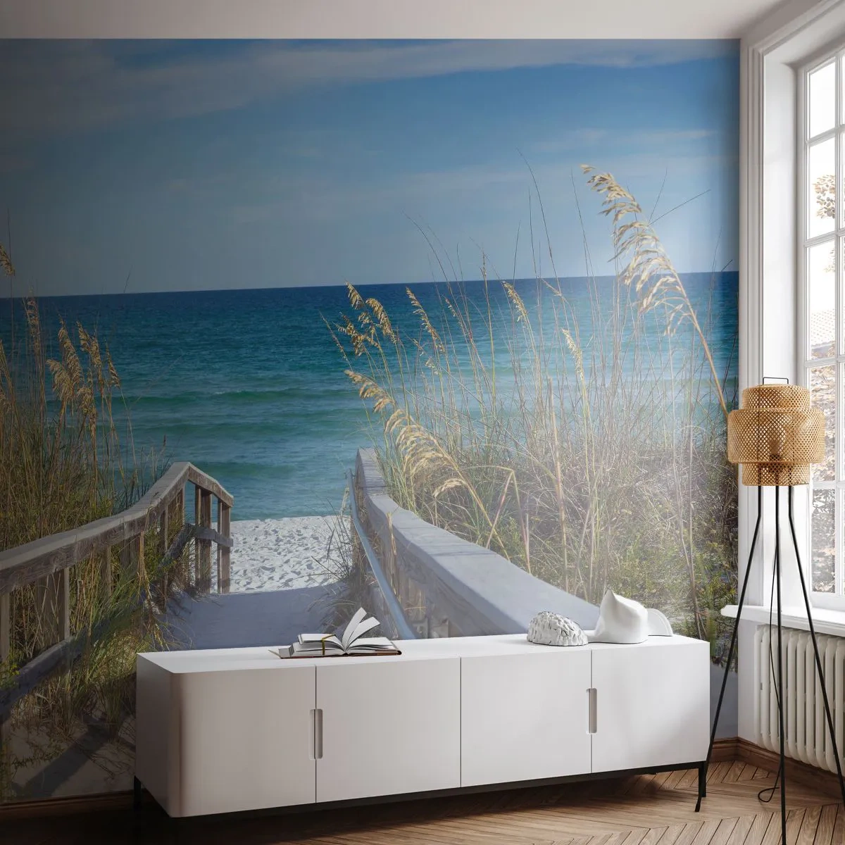 Fototapeta Premium Sand - Drewniana ścieżka prowadząca na piaszczystą plażę - 100x70cm - W słońcu, na wietrze - Nowoczesna dekoracja ścienna do salonu, kuchni i sypialni ARTTOR