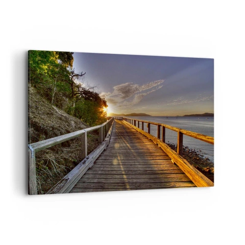 Obraz na płótnie - Drewniany pomost prowadzący w stronę zachodu słońca nad wodą - 120x80cm - Iść, ciągle iść w stronę słońca - Nowoczesna dekoracja ścienna do salonu, kuchni i sypialni ARTTOR
