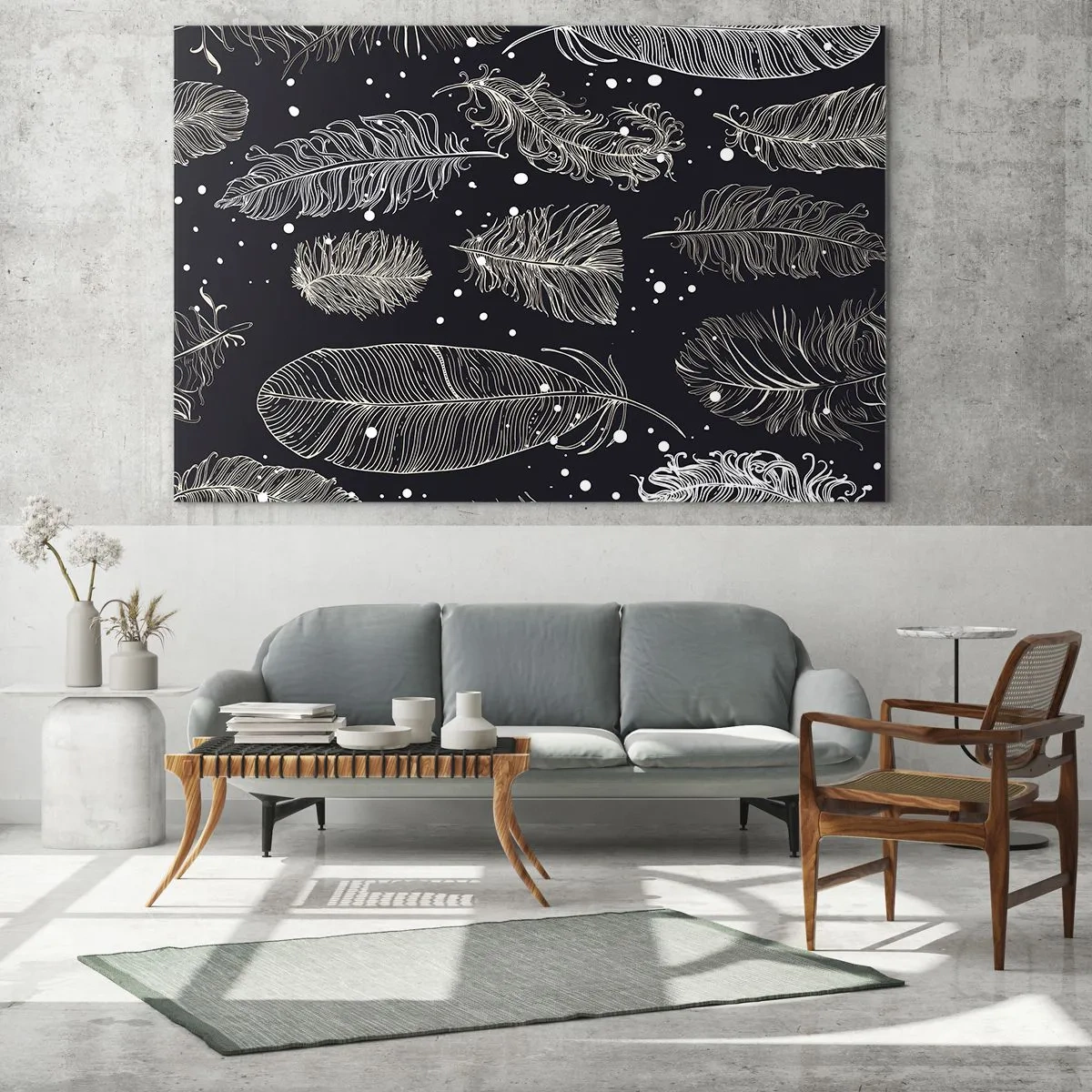 Obraz na szkle - Białe pióra na czarnym tle z subtelnymi detalami - 100x70cm - Pierzasta koronka - Nowoczesna dekoracja ścienna do salonu, kuchni i sypialni ARTTOR