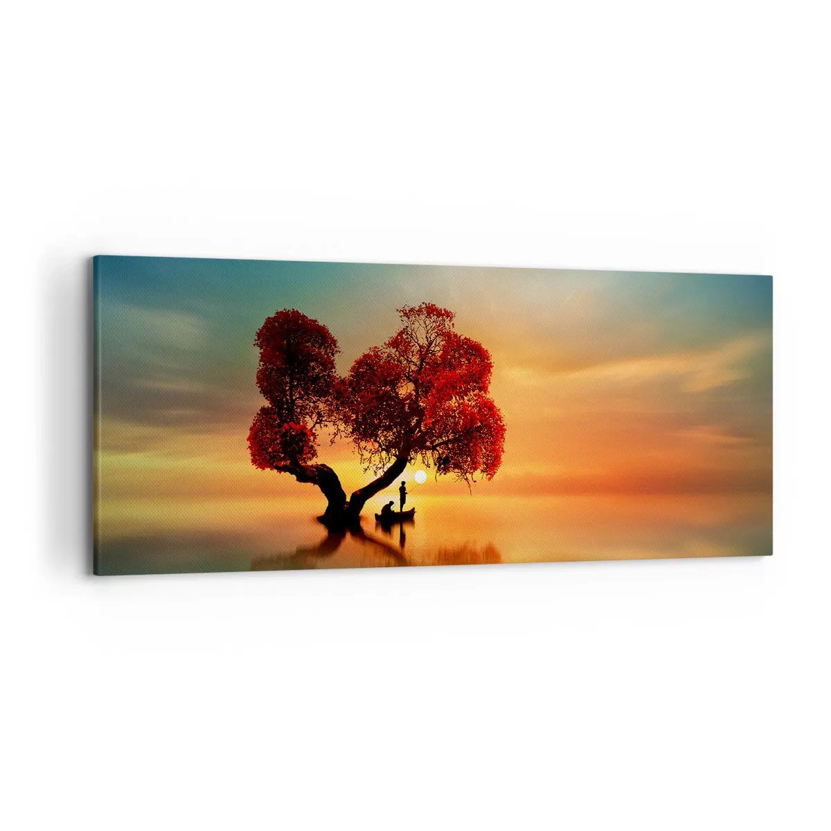 Obraz na płótnie - Drzewo o czerwonych liściach i łódź na wodzie o zachodzie słońca - 120x50cm - Oddaleńcy i ciszyzna bezświata - Nowoczesna dekoracja ścienna do salonu i sypialni ARTTOR