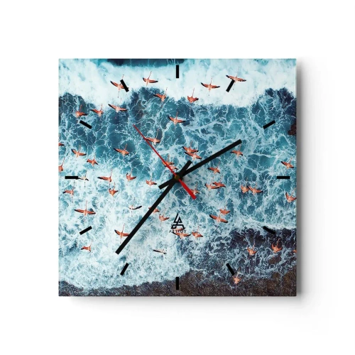 Zegar ścienny - Różowe flamingi nad błękitnym oceanem z lotu ptaka - 30x30cm - Nadmorska parada - Nowoczesna dekoracja ścienna do salonu i sypialni ARTTOR