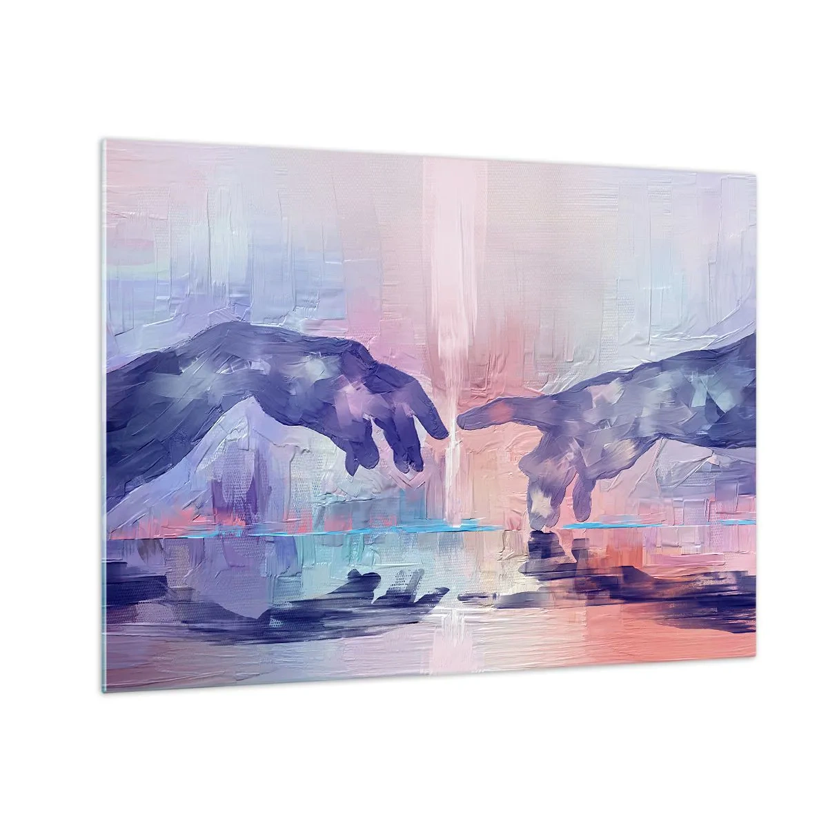 Obraz na szkle - Abstrakcyjne dłonie zbliżające się do siebie na tle pastelowym - 70x50cm - Boska iskra życia - Nowoczesna dekoracja ścienna do salonu i sypialni ARTTOR