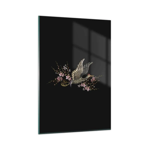 Obraz na szkle - Ptak w locie z kwiatami na czarnym tle - 80x120cm - Egzotyczny, haftowany ptak - Nowoczesna dekoracja ścienna do salonu i sypialni ARTTOR