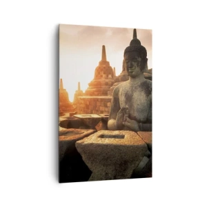 Obraz na płótnie - Posąg Buddy w świątyni Borobudur o zachodzie słońca - 80x120cm - Pogoda wielkiej mądrości - Nowoczesna dekoracja ścienna do salonu i sypialni ARTTOR