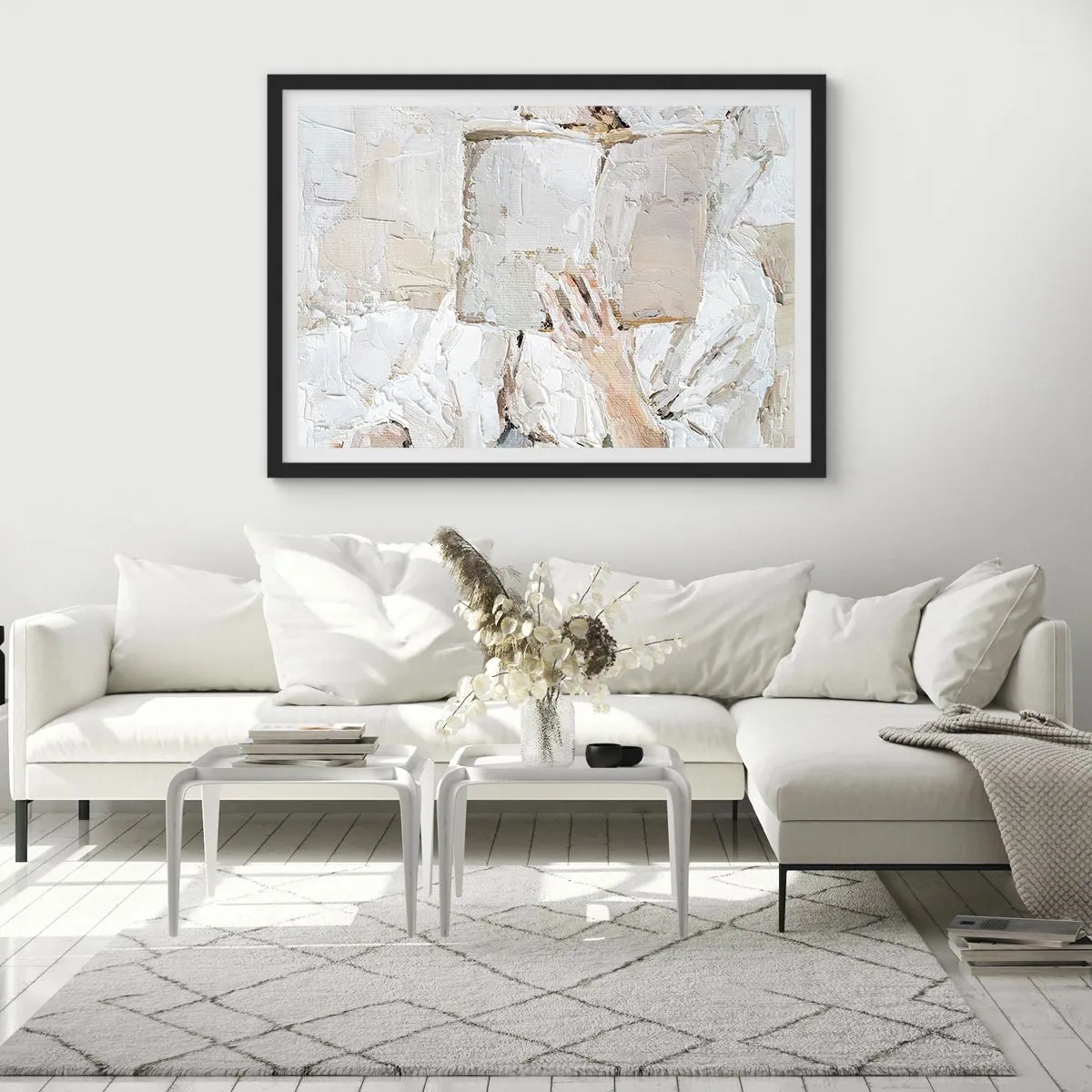 Plakat w czarnej ramie - Impresjonistyczny obraz dłoni trzymającej otwartą książkę - 70x50cm - W innym świecie - Nowoczesna dekoracja ścienna do salonu i sypialni ARTTOR
