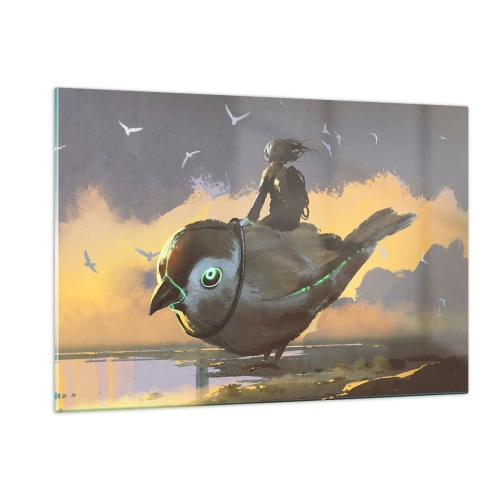 Obraz na szkle - Postać na gigantycznym ptaku w świetle zachodzącego słońca - 120x80cm - Przystanek w fantastycznej podróźy - Nowoczesna dekoracja ścienna do salonu, kuchni i sypialni ARTTOR