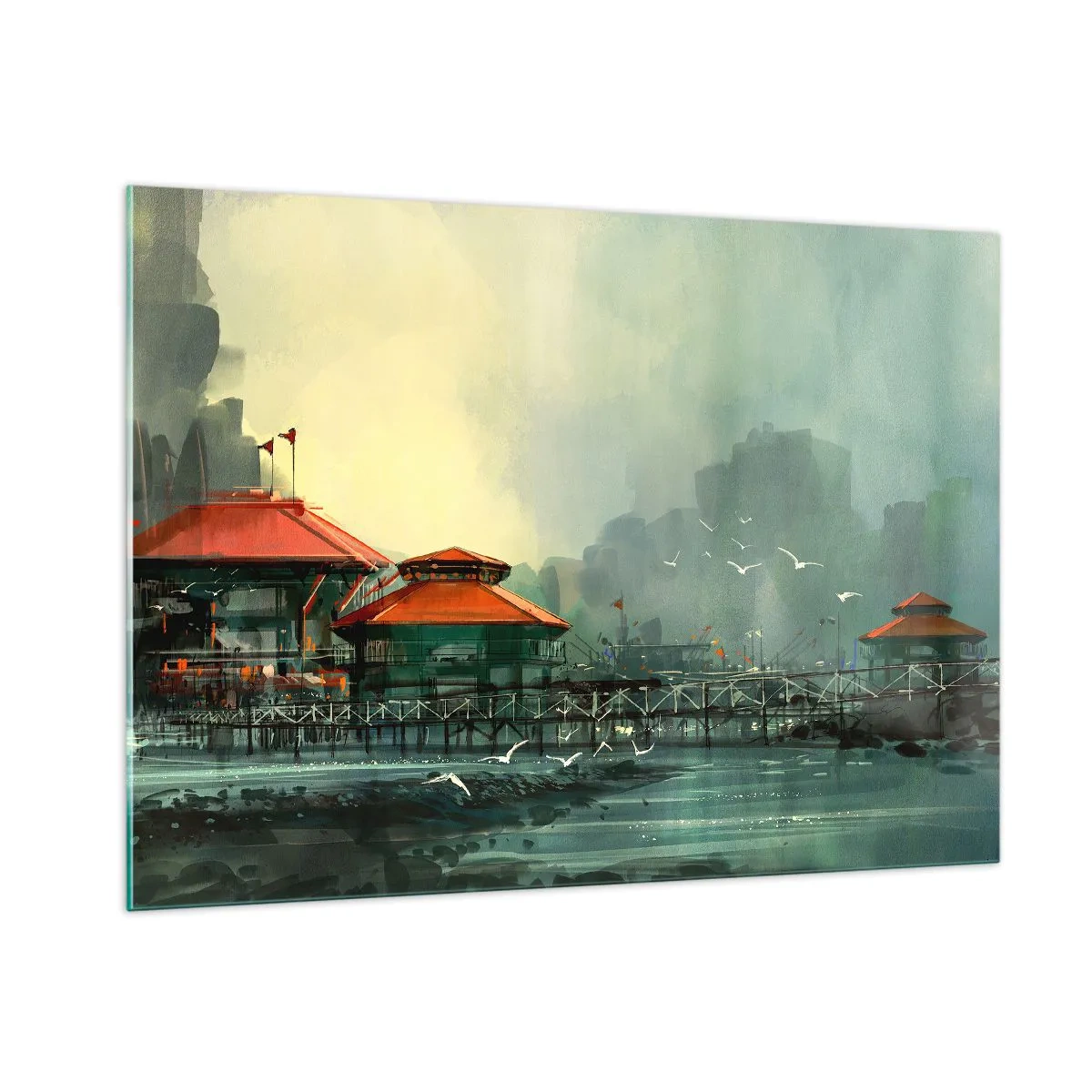 Obraz na szkle - Portowe budynki z czerwonymi dachami na tle mgły - 100x70cm - Słotny dzień w porcie - Nowoczesna dekoracja ścienna do salonu, kuchni i sypialni ARTTOR