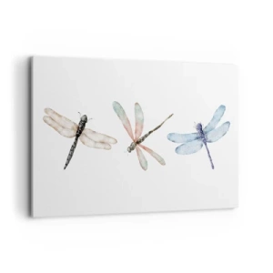 Obraz na płótnie - Trzy ważki w delikatnych pastelowych barwach - 120x80cm - Ważki nieważkie - Nowoczesna dekoracja ścienna do salonu, kuchni i sypialni ARTTOR