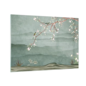Obraz na szkle - Gałązka z kwiatami i ptakami na tle zielonych wzgórz - 70x50cm - Wiosna, ach, to ty - Nowoczesna dekoracja ścienna do salonu i sypialni ARTTOR