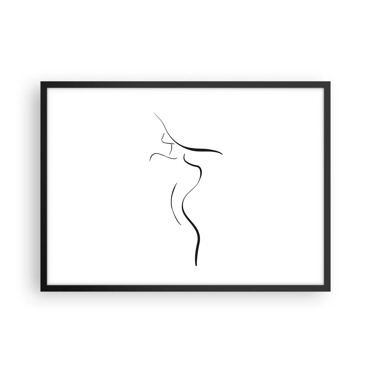 Plakat w czarnej ramie - Minimalistyczny kontur kobiecej sylwetki na białym tle - 70x50cm - Nieuchwytna jak fala - Nowoczesna dekoracja ścienna do salonu i sypialni ARTTOR