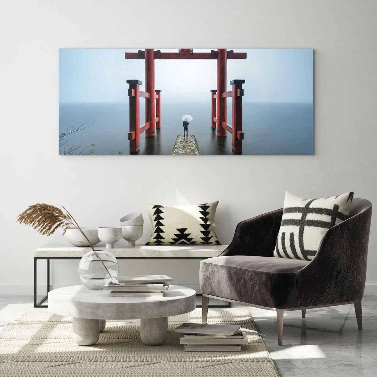 Obraz na szkle - Brama torii nad spokojnym jeziorem w Japonii - 120x50cm - Japońska zaduma - Nowoczesna dekoracja ścienna do salonu i sypialni ARTTOR