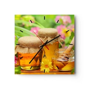 Zegar ścienny - Słoiki miodu z kwiatami na tle letniego ogrodu - 30x30cm - Słodko i kwiatowo - Nowoczesna dekoracja ścienna do salonu i sypialni ARTTOR