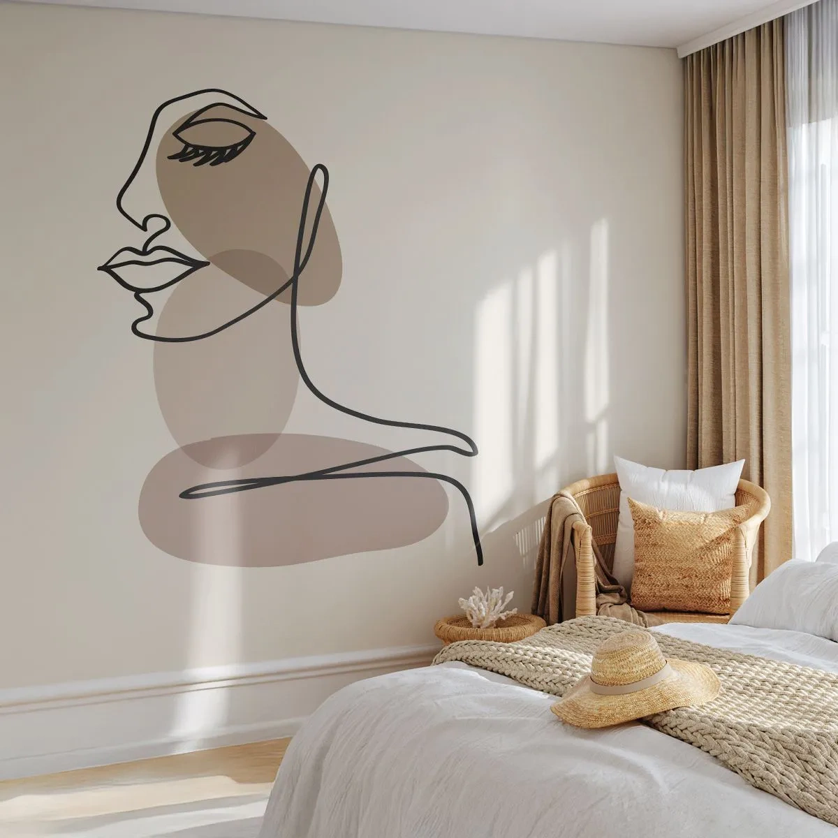 Fototapeta Premium Sand - Minimalistyczny portret kobiety w odcieniach beżu i brązu - 100x70cm - Zasłuchana w siebie - Nowoczesna dekoracja ścienna do salonu, kuchni i sypialni ARTTOR