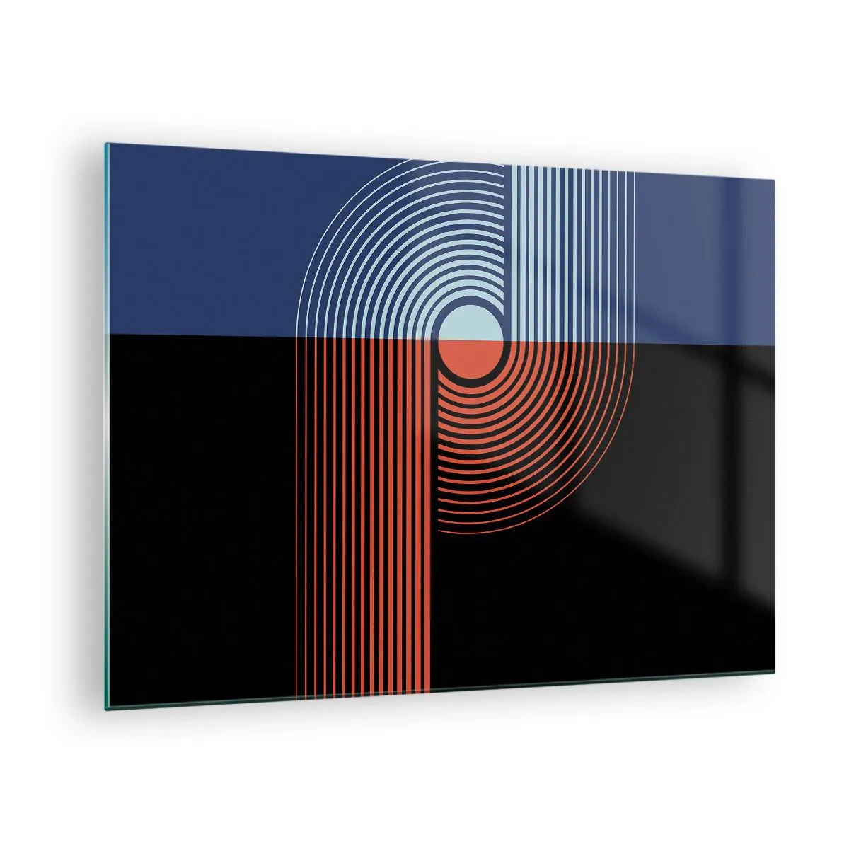 Obraz na szkle - Nowoczesna grafika geometryczna w kontrastowych barwach - 70x50cm - W geometrycznym uścisku - Nowoczesna dekoracja ścienna do salonu i sypialni ARTTOR
