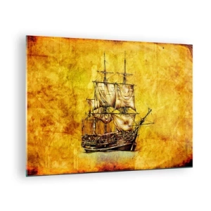 Obraz na szkle - Zabytkowy żaglowiec na tle stylizowanego pergaminu - 70x50cm - Kierunek Tortuga! - Nowoczesna dekoracja ścienna do salonu i sypialni ARTTOR
