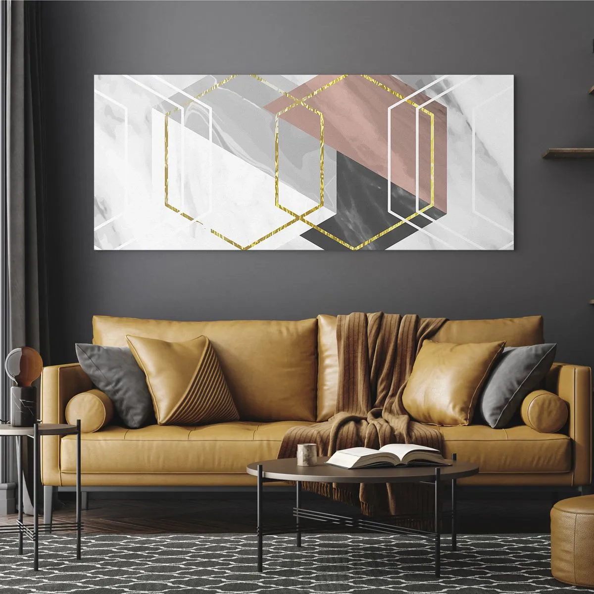 Obraz na szkle - Geometryczne figury z akcentami złota i marmuru - 120x50cm - Kompozycja łańcuchowa - Nowoczesna dekoracja ścienna do salonu i sypialni ARTTOR