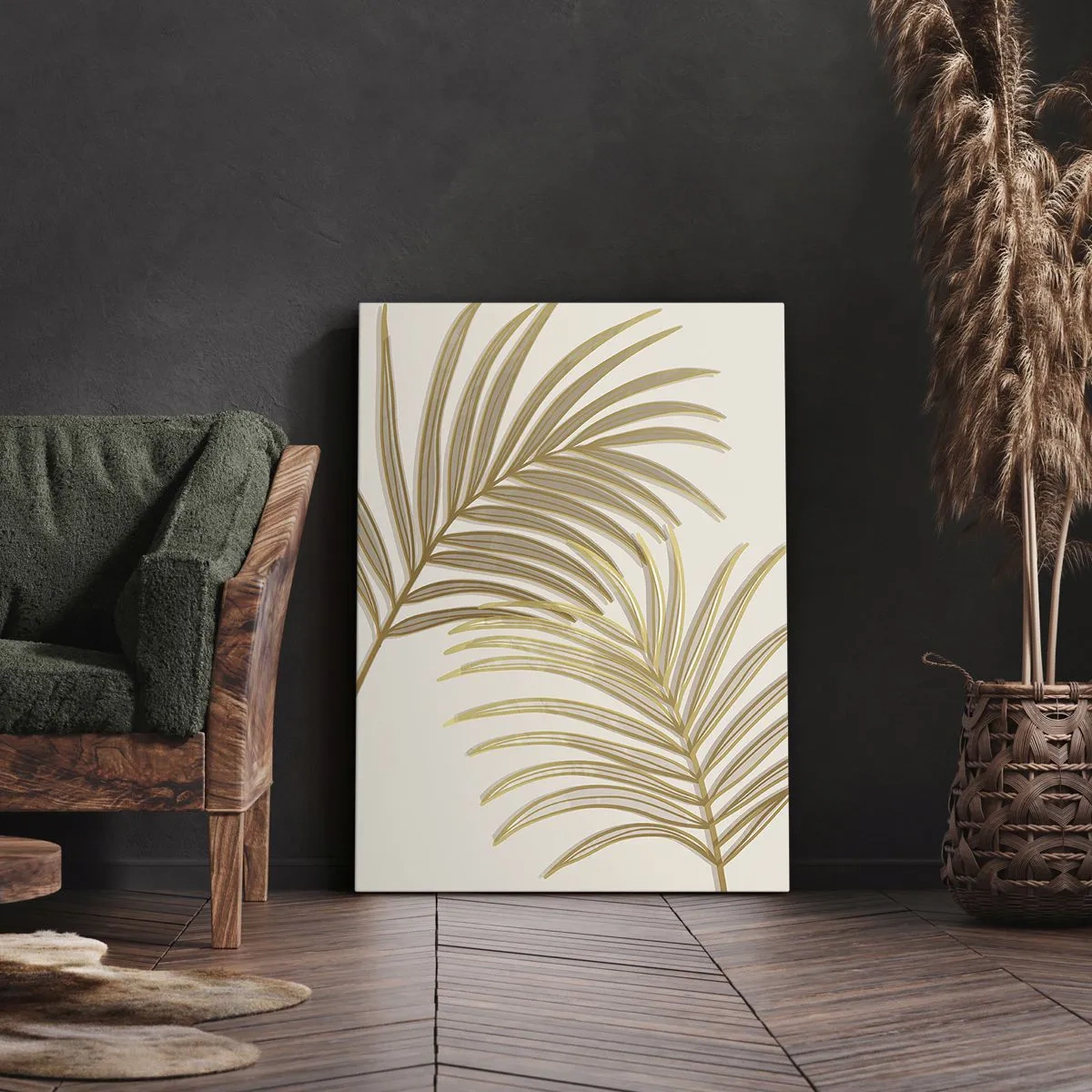 Obraz na płótnie - Złote liście palmy na jasnym tle - 50x70cm - Złota Palma! - Nowoczesna dekoracja ścienna do salonu, kuchni i sypialni ARTTOR